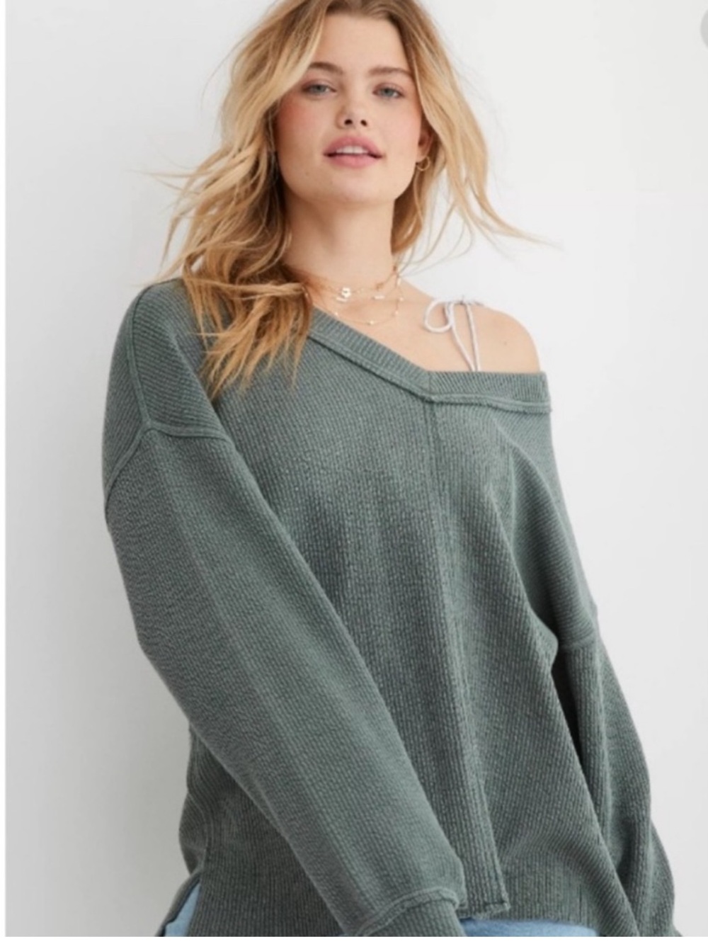 aerie Ribbed Relaxed V-Neck Sage Green Neutral Sweater Tunic Size Large